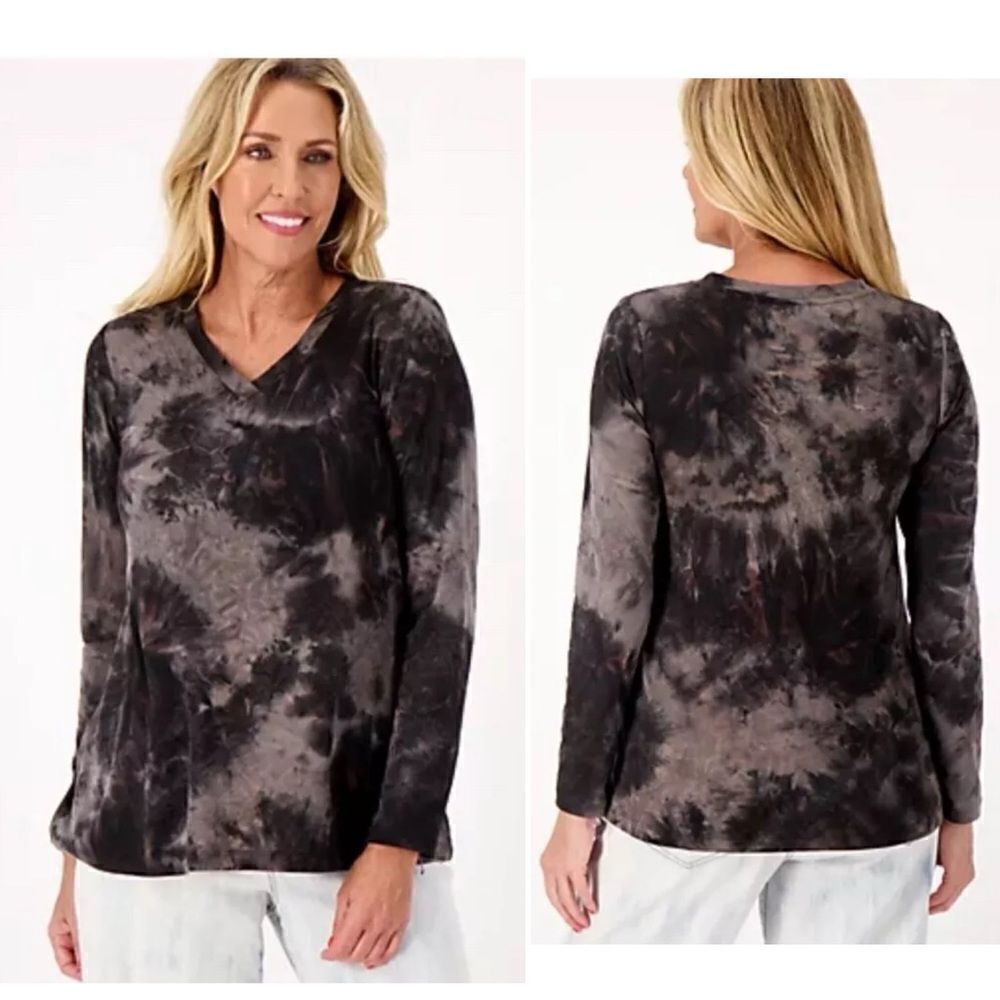 LOGO Lounge by Lori Goldstein Brushed Tie-Dye V-Neck Long Sleeve Top Pockets-XS